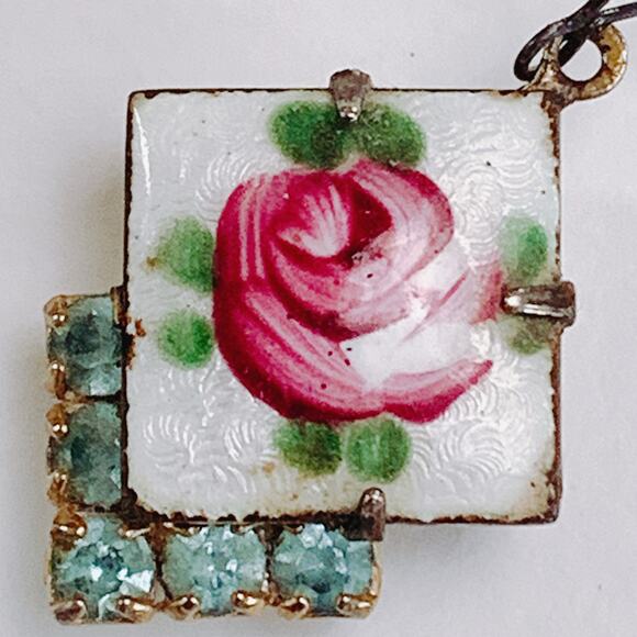 VTG 1950s Enamel Earrings Reverse Painted Guilloché Rose Aqua-Blue Rhinestones - Picture 6 of 12